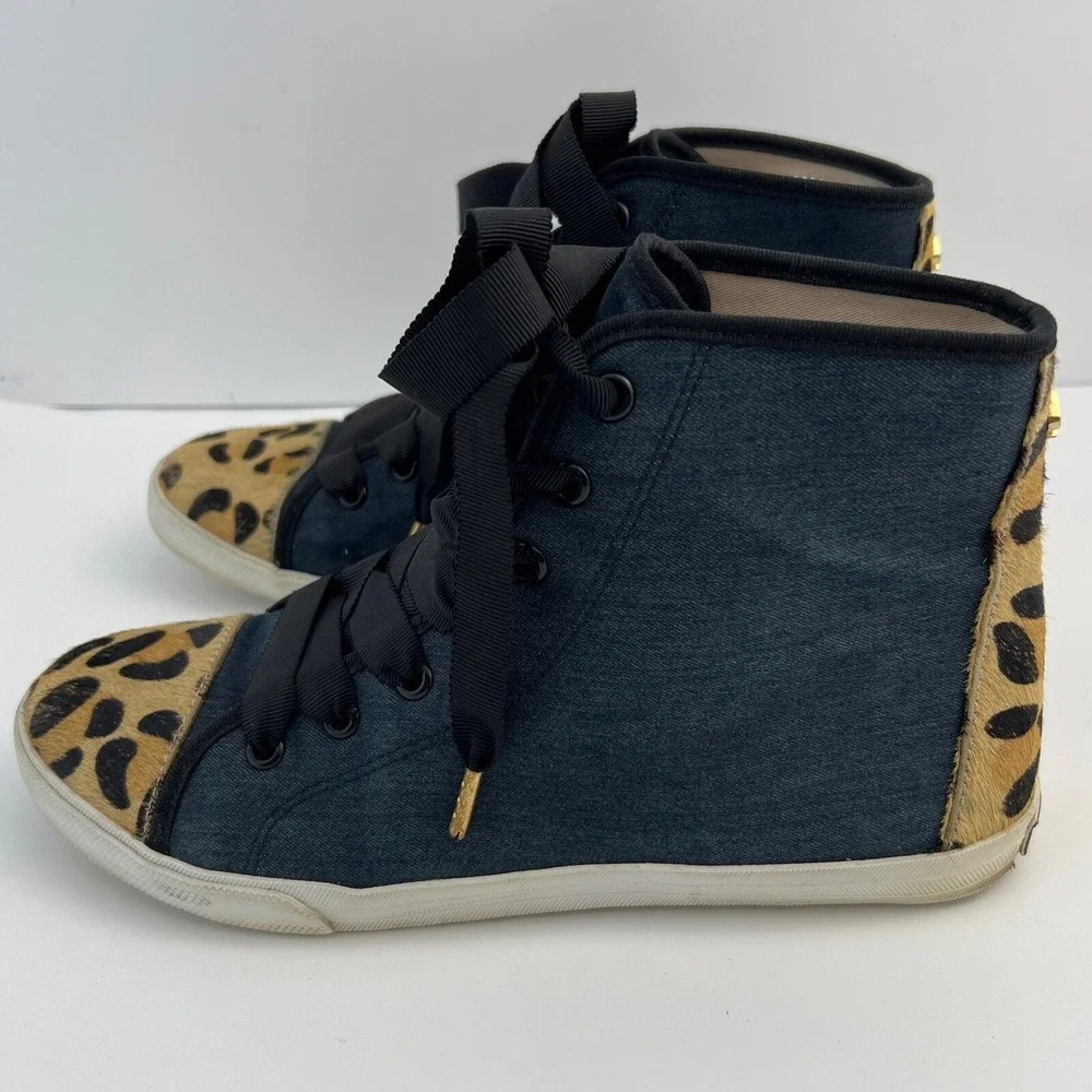 Kate Spade High Top Sneakers Navy Denim Leopard Calf Hair Womens Size 8M